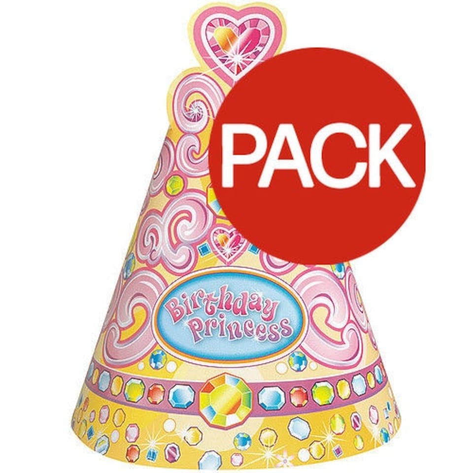 Unique Party Pretty Princess Party Hat (Pack of 8) - Yellow/Pink/Blue - One Size