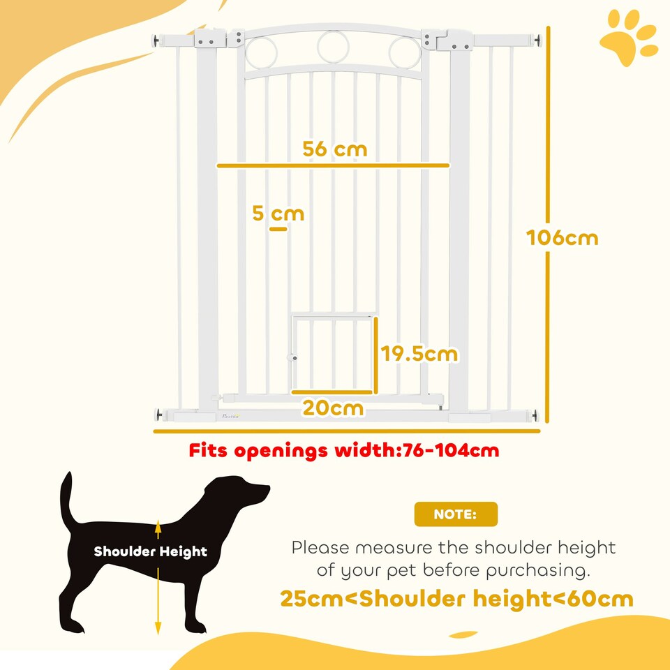 image 1 of PawHut Stair Gate with Cat Door, Adjustable Width, 76-104cm and 106cm Tall