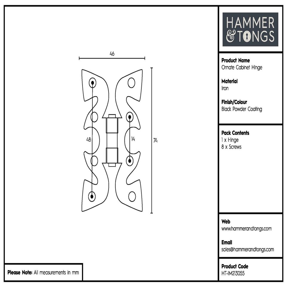 image 1 of Hammer & Tongs Ornate Cabinet Hinge - H75mm - Black | Black | Black