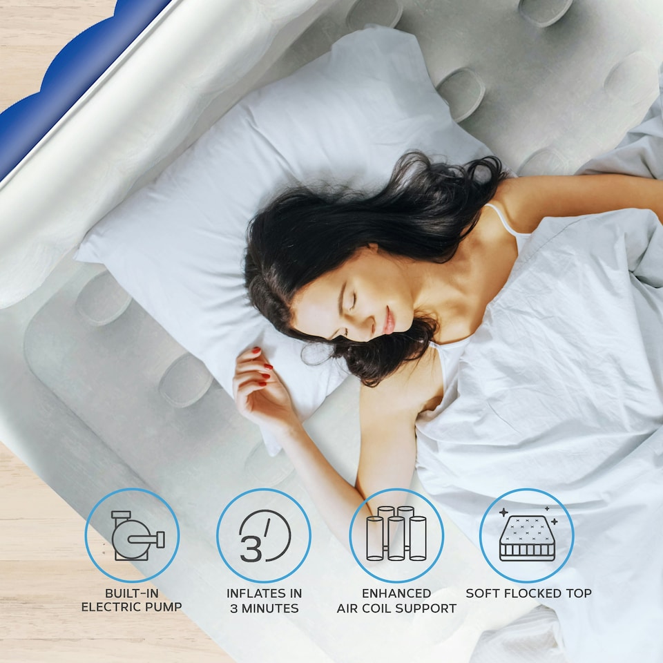 image 1 of Get Fit Air Bed With Built In Electric Pump - King Airbed Blow Up Bed With Headboard, 2 Free Inflatable Pillows - Elevated Inflatable Air Mattress - Navy/White