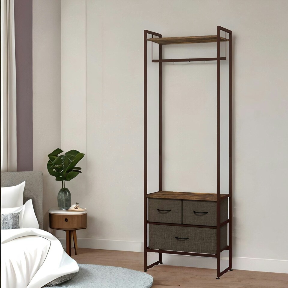 image 1 of Industrial Hall Tree Coat Rack With 3 Fabric Drawers Brown One Size