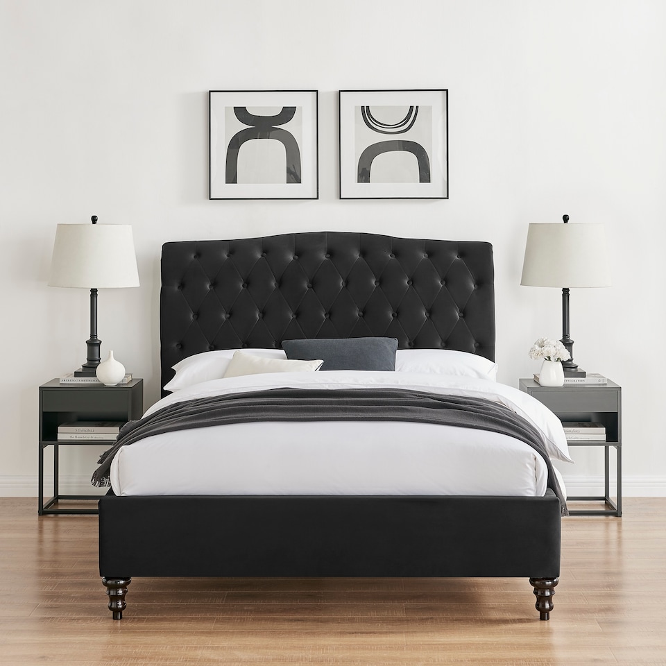 image 1 of 4ft6 Double Fabric upholstered, Black,buttoned back,curved bed frame,bedstead