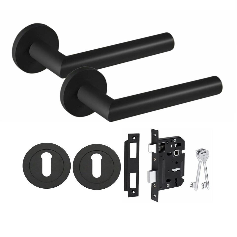 image 1 of Golden Grace Mitred Design Key Lock Door Handles Set on Round Rose in Matt Black Finish with 64mm 3 Lever Mortise Lock and Key Hole Black