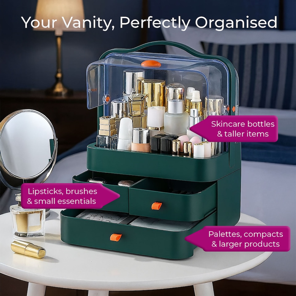 image 1 of Neo Acrylic Makeup Organiser with Lid & Drawers Portable Dustproof Cosmetic Storage Box | White | White | 26.5 x 18.2 x 34.7cm | 1