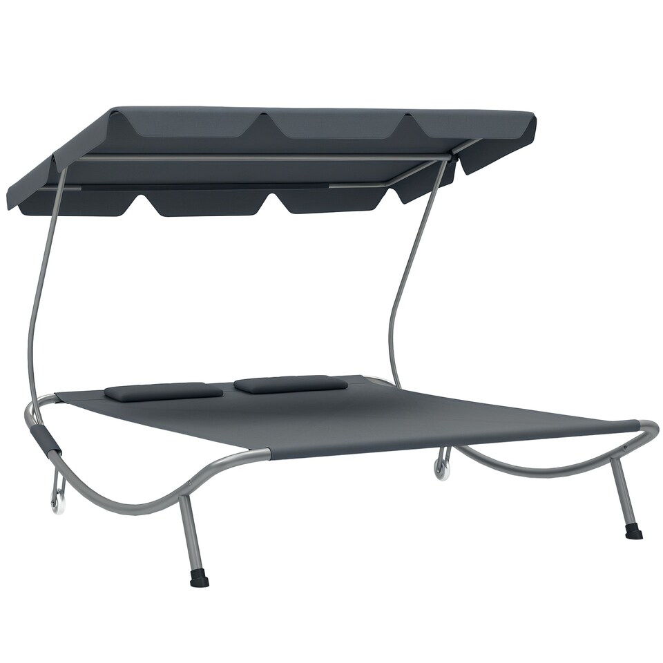 image 1 of Outsunny Garden Double Hammock Sun Lounger Day Bed Canopy w/ 2 Pillows Grey | Light Grey