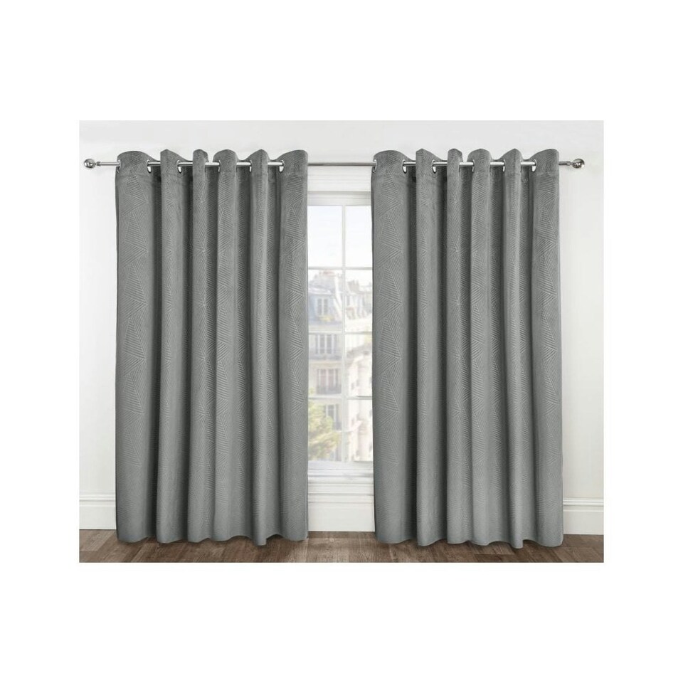 image 1 of Deco Lined Eyelet Geometric Curtains 168cm x 137cm Silver