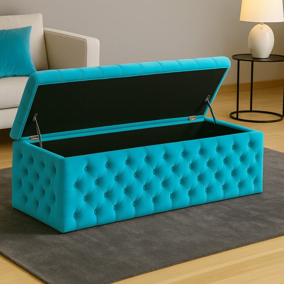 image 1 of 150cm Wide Lux Ottoman Storage Box, Teal Velvet Upholstered Chesterfield Storage Ottoman Box