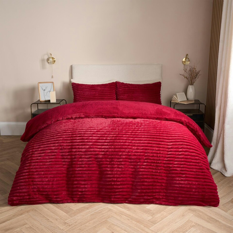 OHS Faux Fur Ribbed Fleece Duvet Cover and Pillowcase Bedding Set