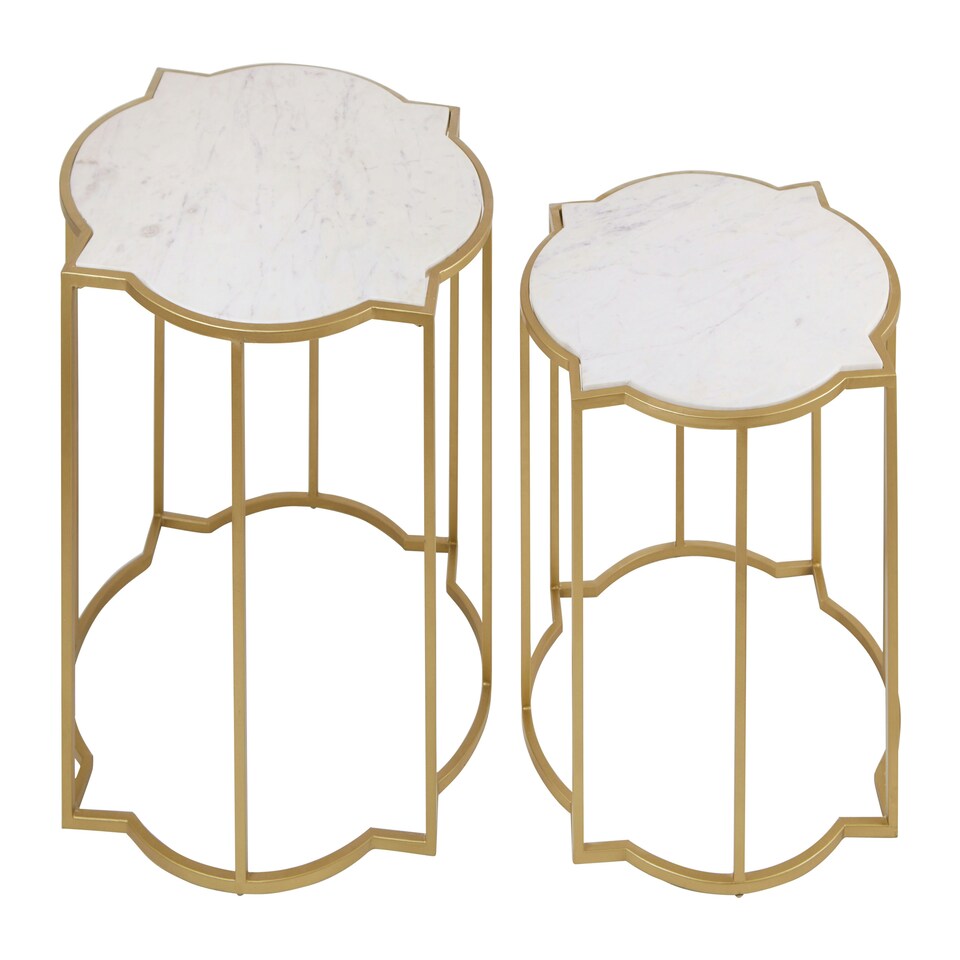 image 1 of Interiors by Premier Set Of 2 Tables With Quatrefoil Top, Brass Finish Bedside Table, Sleek Gold Metallic Nesting Table White