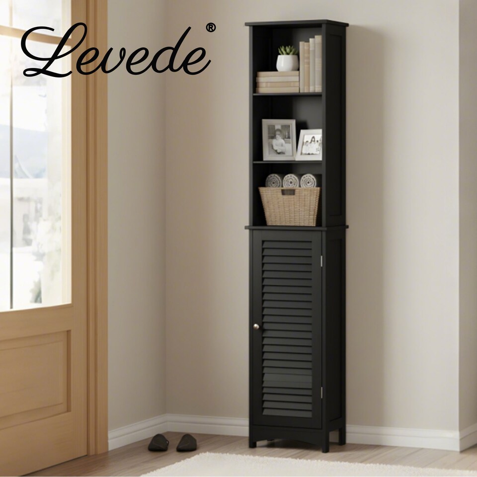 image 1 of Levede Tall Bathroom Cabinet Freestanding Slim Bathroom Storage Cupboard Unit | Black | Black