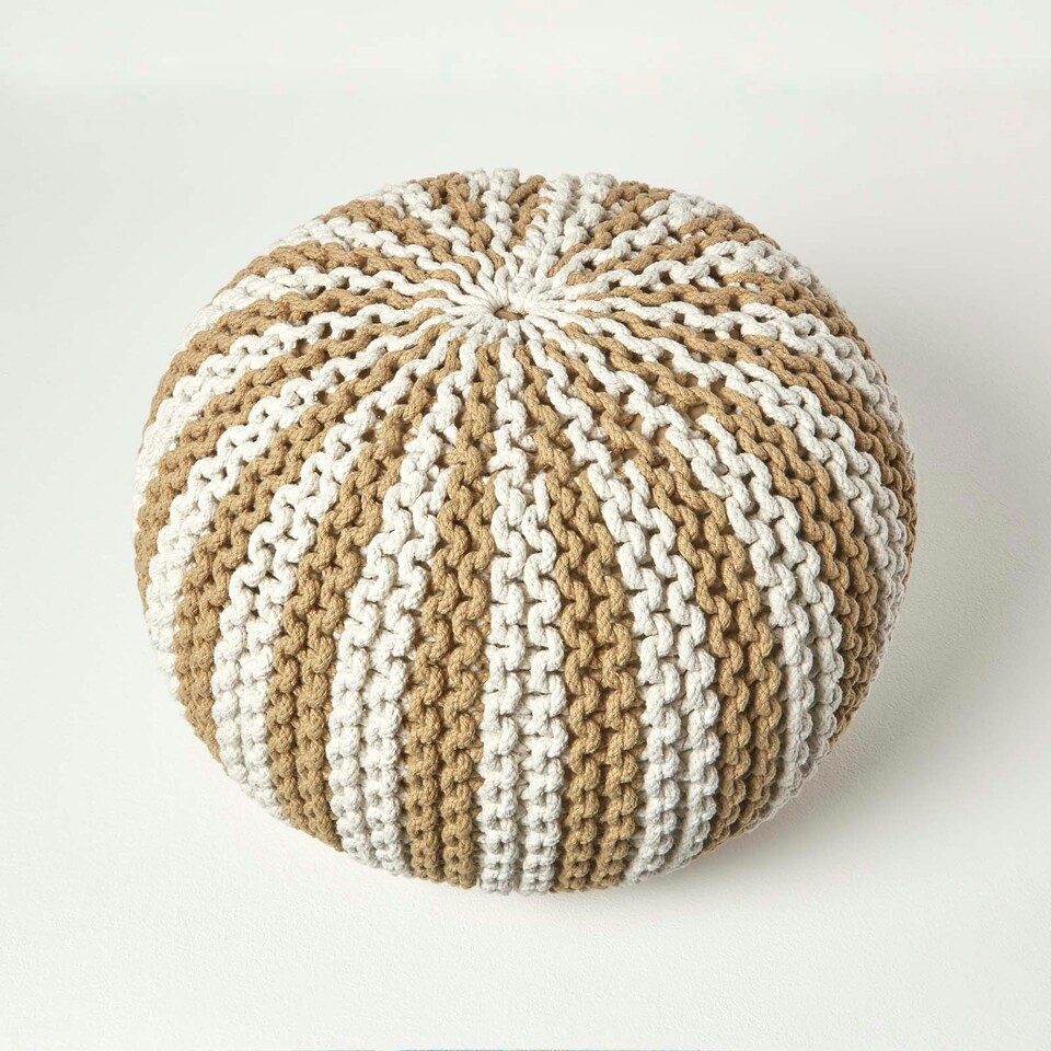 image 1 of Homescapes Off White and Linen Knitted Pouffe Striped Footstool - 35 x 40 cm