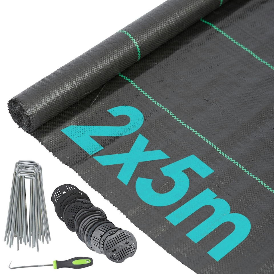 image 1 of Harbour Housewares 110gsm Weed Control Membrane Set with Pegs & Plates - 2m x 5m (1 Roll) - Weed Fabric Garden Membrane Weed Membrane Flower Bed Membrane Black