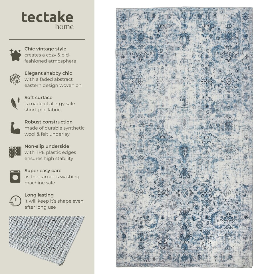 image 1 of Vintage Rug Amara - faded design, machine washable, short pile & non-slip underside Blue | 150 x 80 cm