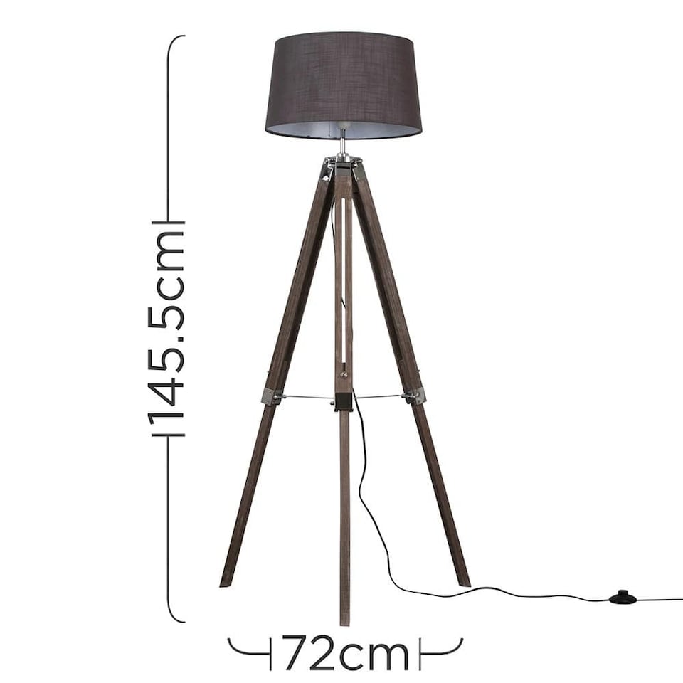 image 1 of ValueLights Clipper Wood and Silver Chrome Tripod Floor Lamp with Grey Tapered Shade - Complete with 6w LED GLS Bulb In Warm White | Grey