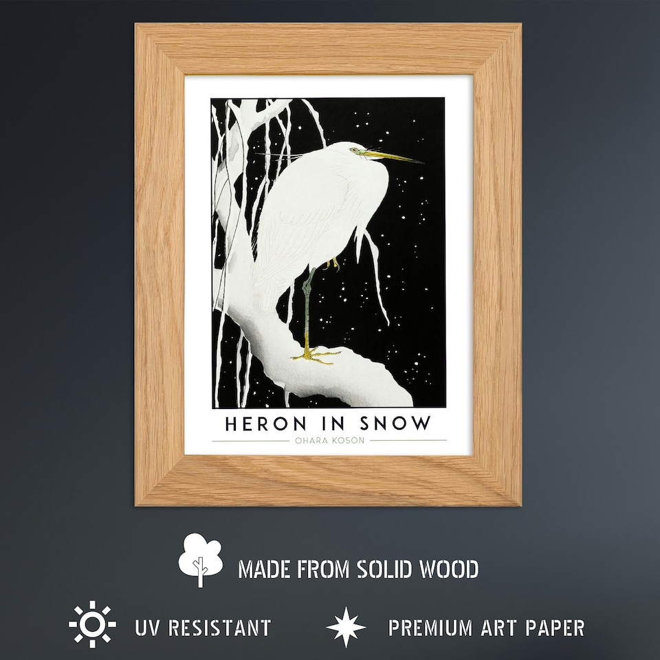 image 1 of Ohara Koson Heron In Snow Art Oak Wood Framed Wall Print | Black