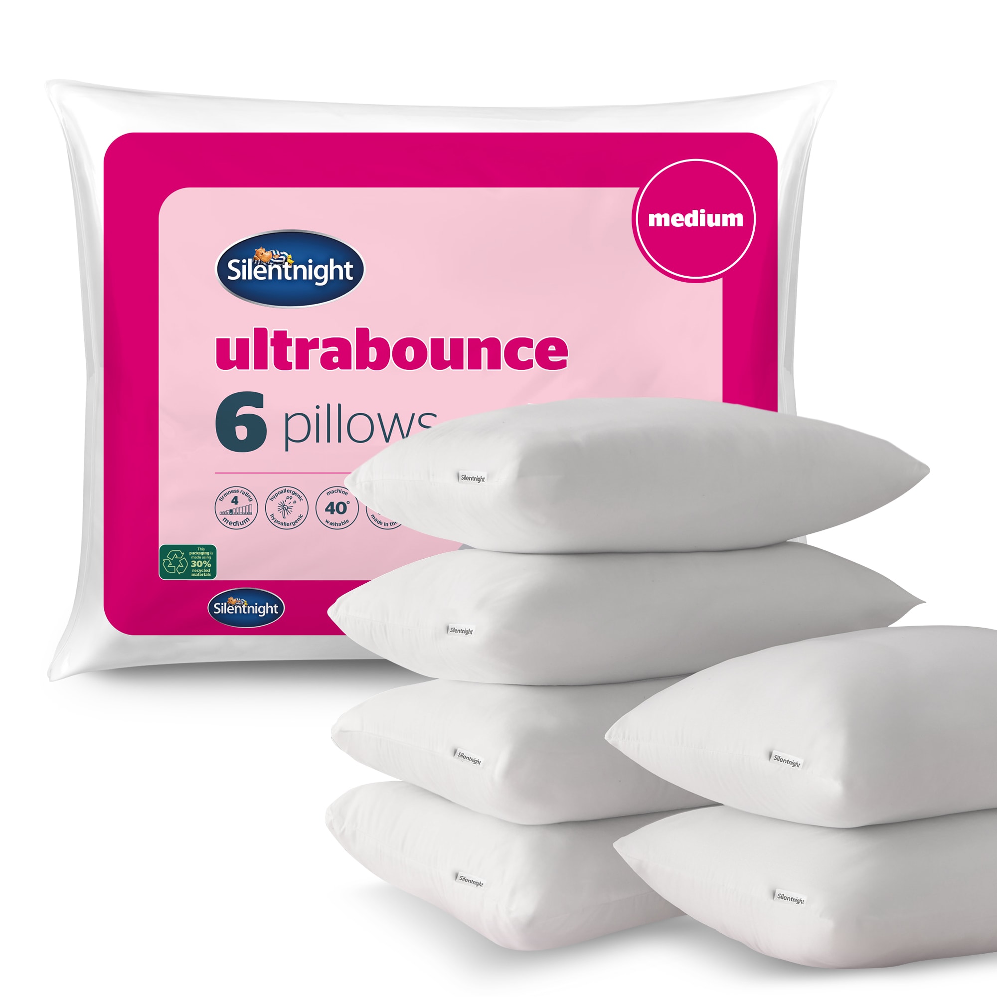 Silentnight Ultrabounce Bed Pillows Soft Medium Support, 6 Pack, Hypoallergenic, UK Made White