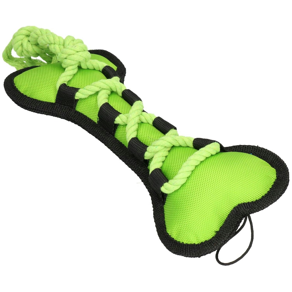 image 1 of Green Cross Tug Rope Bone Doy Play Toy With Squeak 30x13x3cm