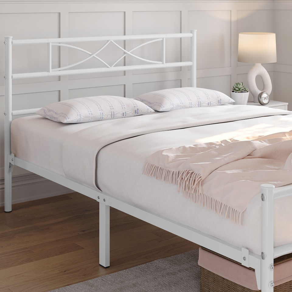 image 1 of Yaheetech 4ft6 Double Metal Bed Frame with Headboard, Heavy Duty Steel Platform, 32cm Under Bed Storage, Easy Assembly，White