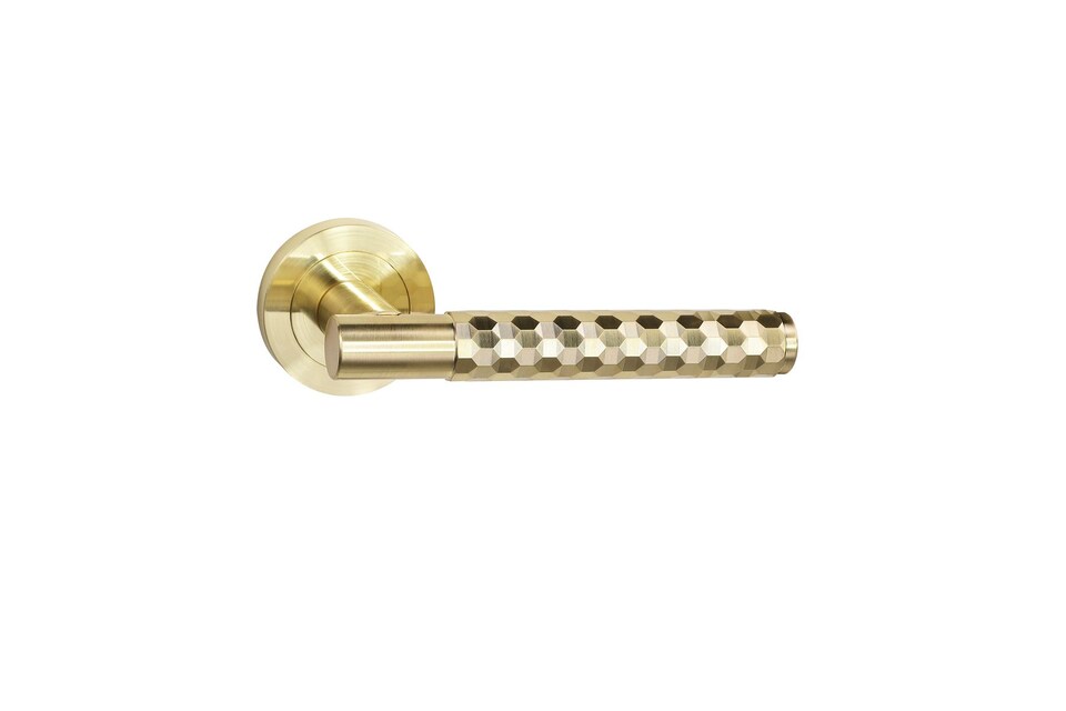 image 1 of Golden Grace 1 Set Knurled Hex Cut T-Bar Door Handle Set Satin Brass Finish with Ball Bearing Hinges and Latch