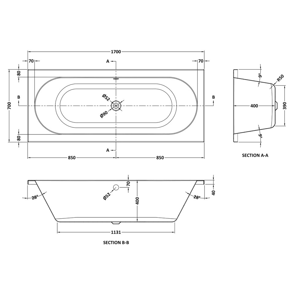 image 1 of Round Double Ended Whirlpool Bath with 12 Chrome Jets and Leg Set, 1700 x 700mm White