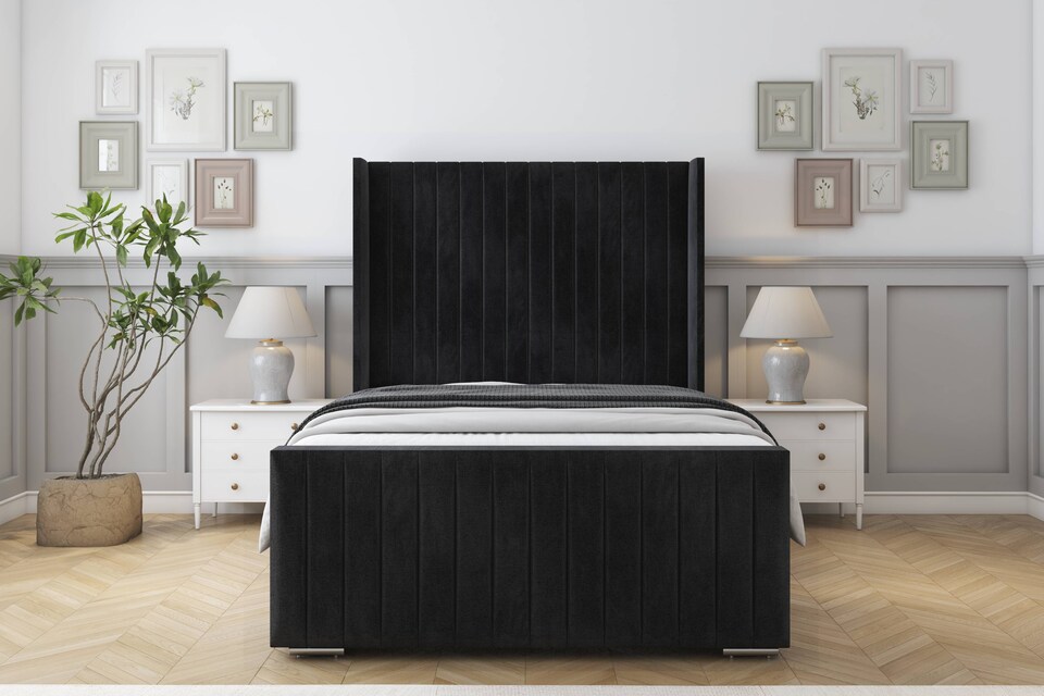 image 1 of Sloomy Marlborough Black Naples Bed Frame With Mattress With 50"  Upholstered Wingback Headboard 6' Super King
