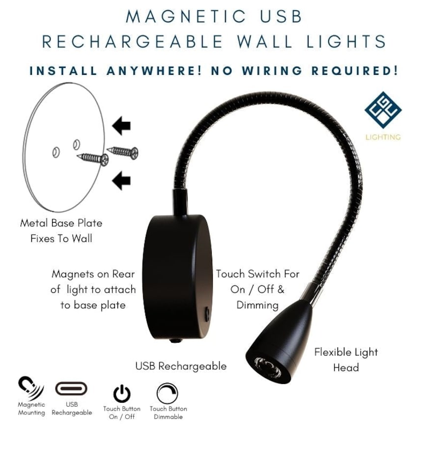 image 1 of CGC MATILDA Black Adjustable Flexible Neck LED Rechargeable Magnetic USB-C Bedside Wall Light