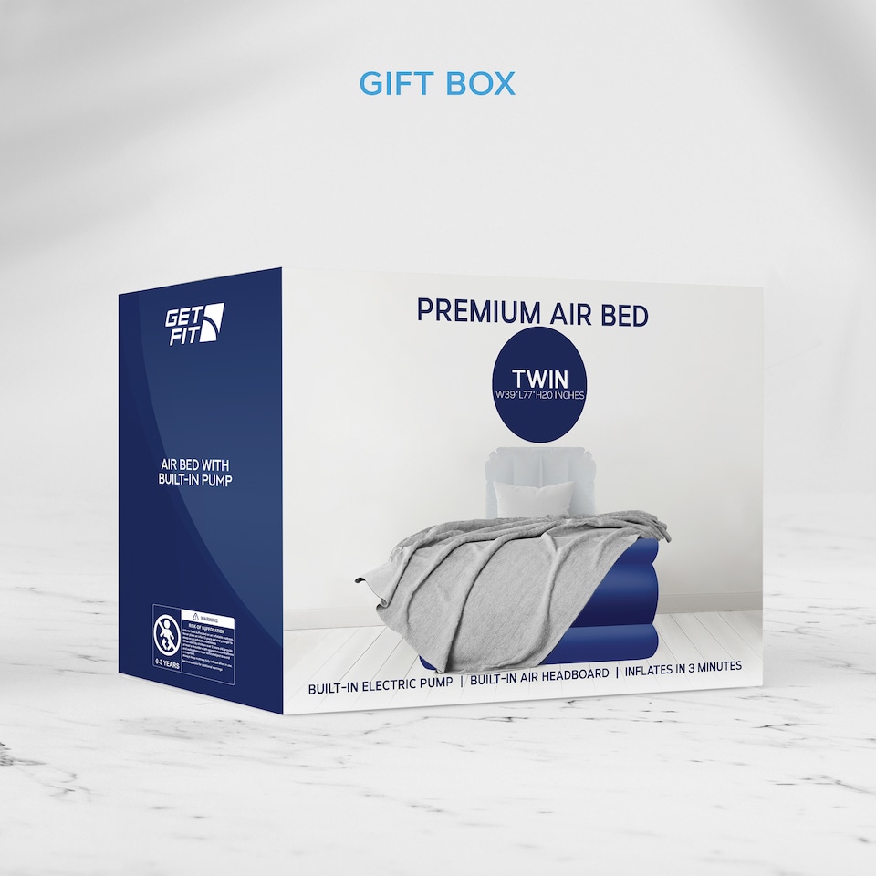 image 1 of Get Fit Air Bed With Built In Electric Pump - Premium Single Airbed - Quick Blow Up Bed With Headboard & Free Inflatable Pillow | Blue | Navy / White | 1