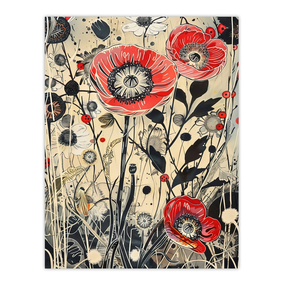 image 1 of Wildflower Field Spring Poppy Flowers Living Room Black Framed Wall Art Print A4