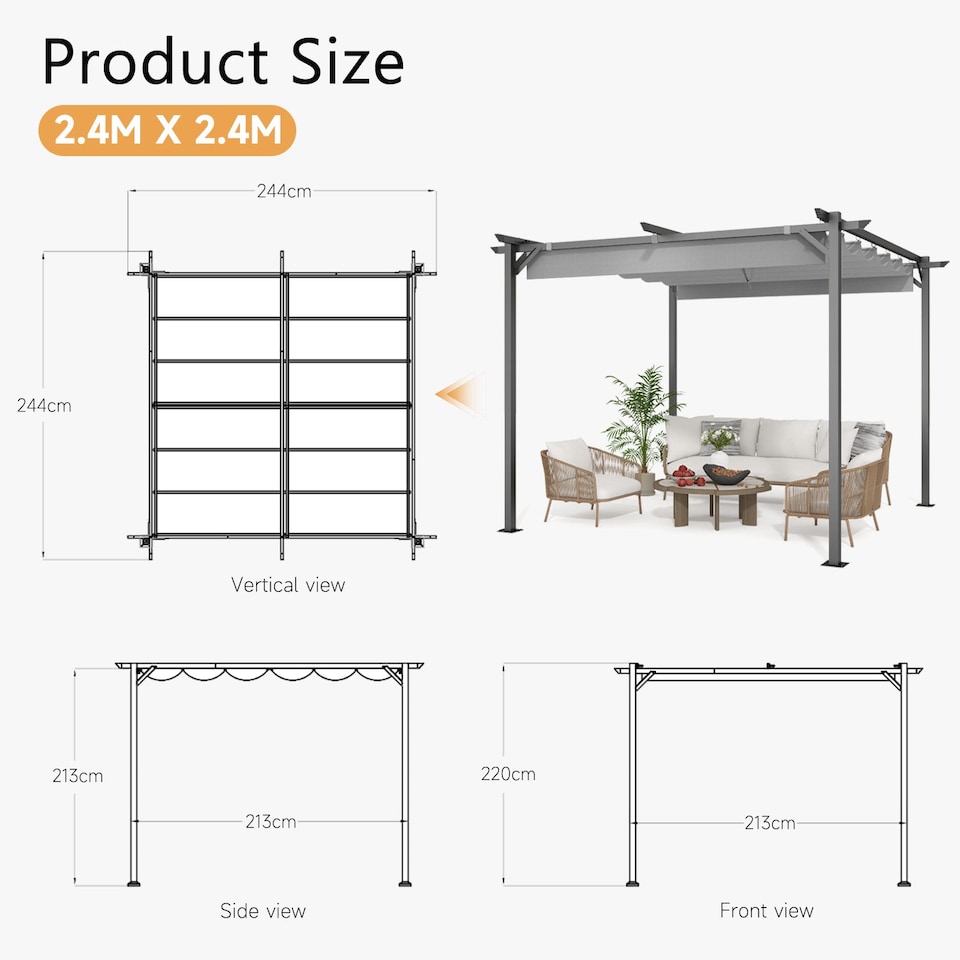 image 1 of Rattantree Outdoor Retractable Pergola Gazebo Metal Canopy 8ft x 8ft
