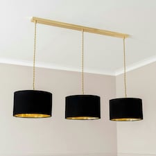 ValueLights Reni Black & Gold Drum Shade 3 Drop Bar Brushed Gold Diner Ceiling Pendant Light Gold