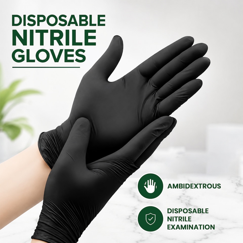image 1 of ECONX Black Disposable Nitrile Gloves Powder Free Latex Free Medium Size Food Safe Cleaning Medical Multi Purpose Use x 500pk