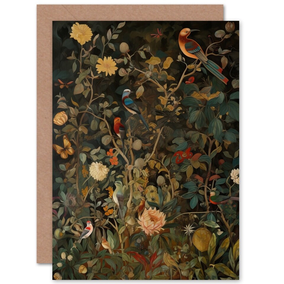 image 1 of Audubon Style Birds Blooming Spring Flower Field Nature Greeting Card