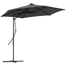 Outsunny 3m Cantilever Parasol with Solar LED and Easy Lever, Garden Parasol Umbrella with Cross Base and Waterproof Cover, Outdoor Sun Shades, Dark Grey