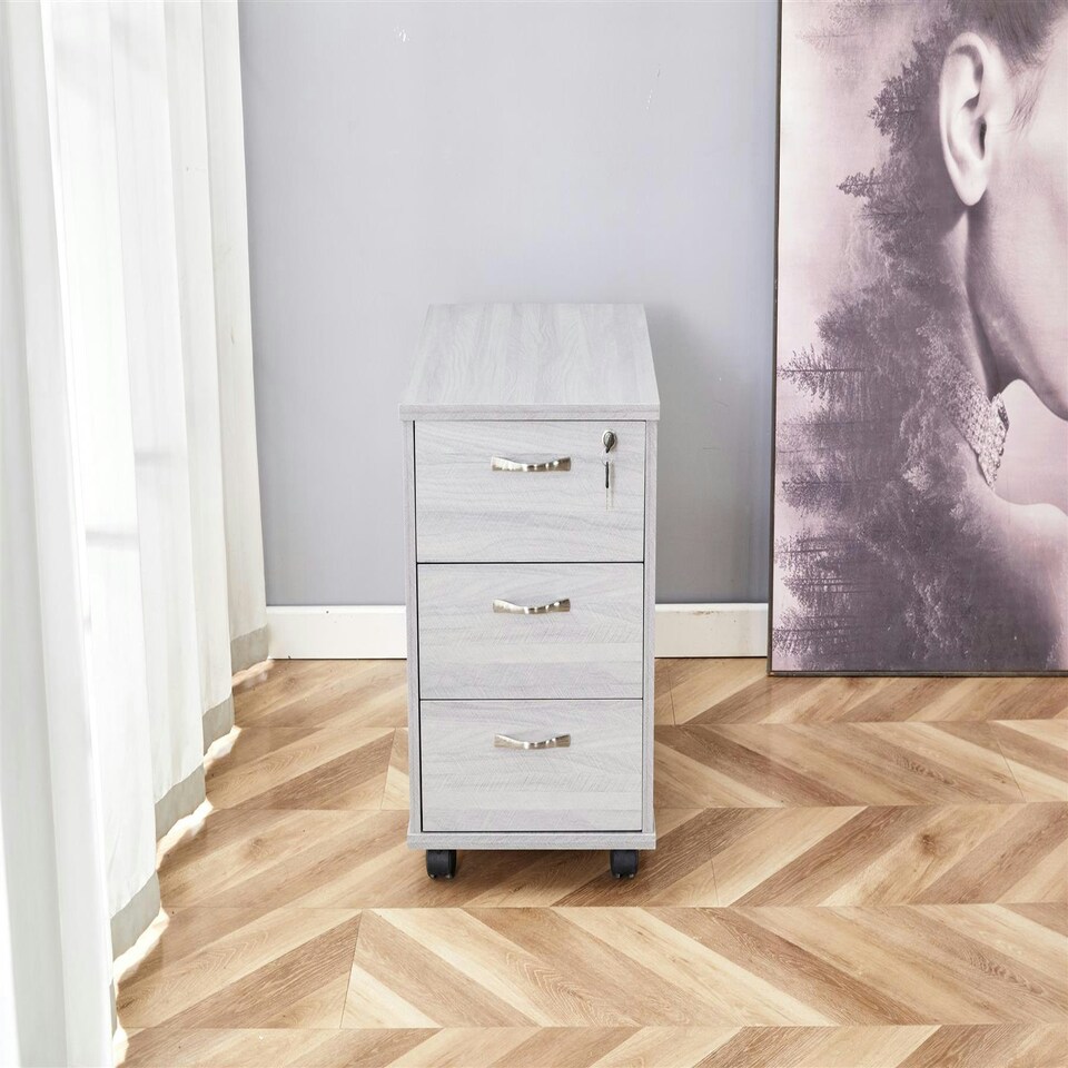 image 1 of Grey Office Desk L-shaped with Mobile Storage Drawer Unit Wooden Room Furniture Grey