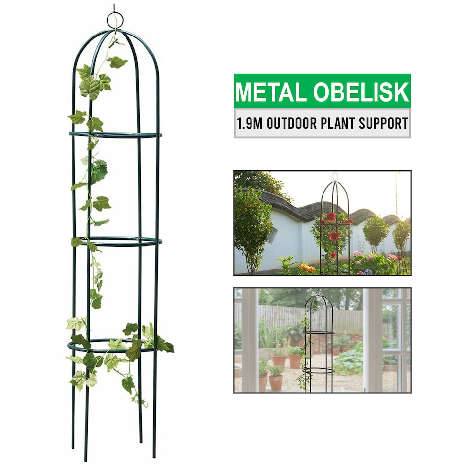 image 1 of 1.9m Outdoor Garden Metal Obelisk Trellis Climbing Plant Support Frame | Green | 2