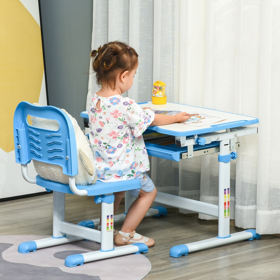 image 1 of HOMCOM Kids Desk and Chair Set Adjustable Tiltable with Drawer Pen Slot Hook | Blue