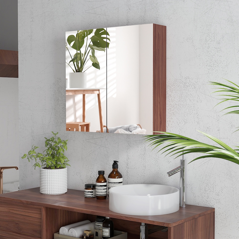 image 1 of kleankin Double Door Bathroom Mirror Cabinet, Wall Mounted Bathroom Storage Cabinet, Soft Closing, 63L x 60Hcm