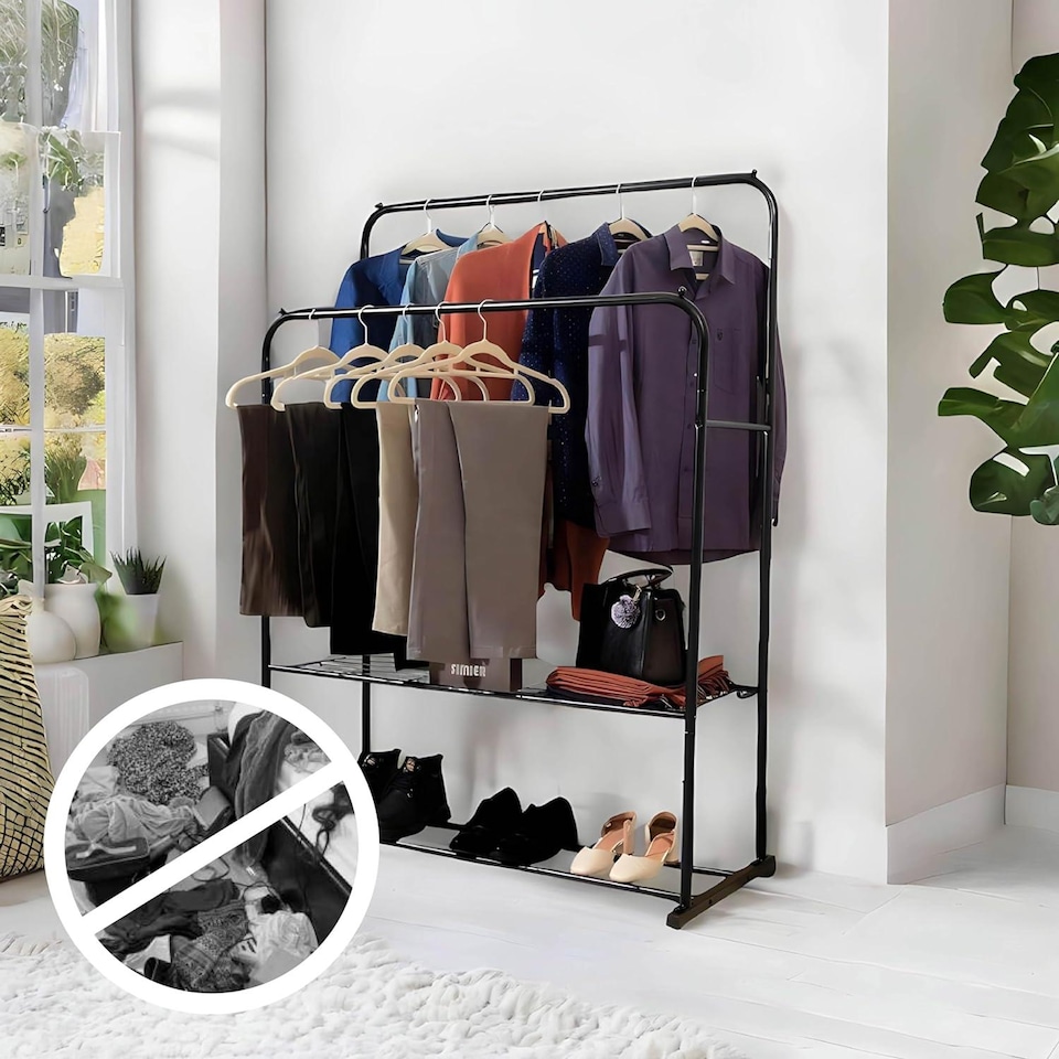 image 1 of House of Home Double Clothes Rail with Shoe Rack Heavy Duty Metal Garment Hanger Hat Bag Hooks
