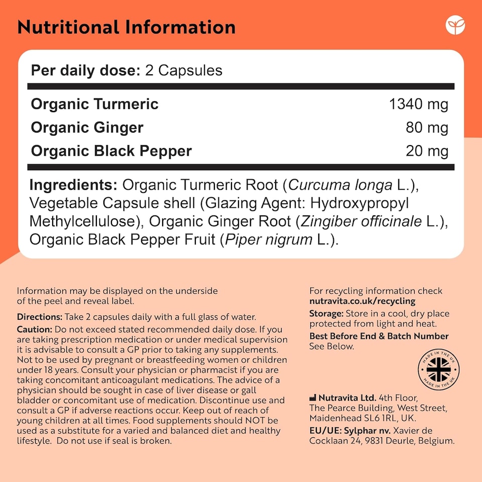 image 1 of Nutravita Organic Turmeric 1440mg High Strength with Black Pepper, Ginger & Active Ingredient Curcumin - 180 Vegan Capsules - 3 Month Supply