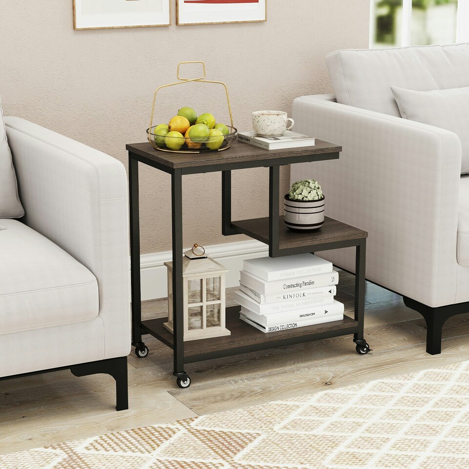 image 1 of COSTWAY G-shaped Side Table 3-Tier Mobile End Table Grey