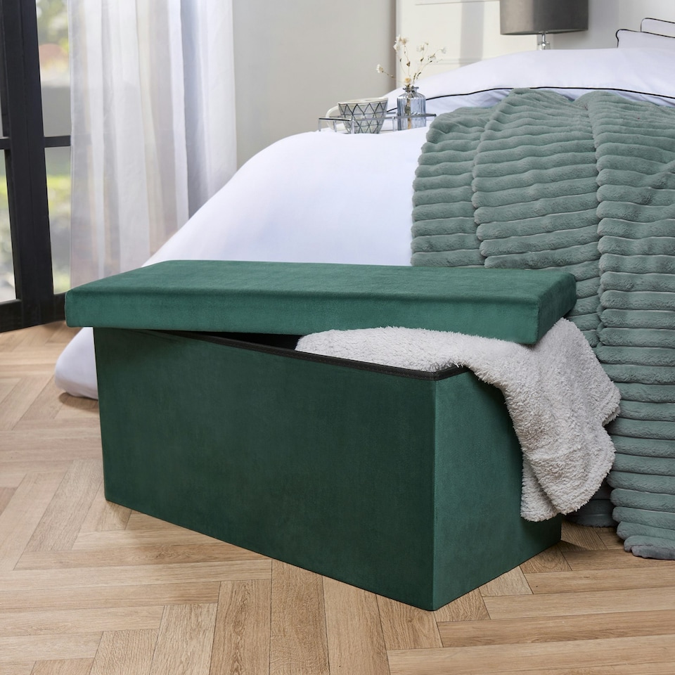 image 1 of OHS Matte Velvet Soft Long Rectangle Foldable Footstool Seat Storage Organiser Ottoman Green | Forest Green