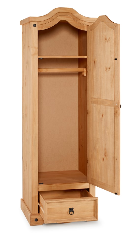 image 1 of Mercers Furniture Corona 1 Door 1 Drawer Wardrobe Arch Top Single Robe Solid Wood Pine Wooden Bedroom with Mexican Styling