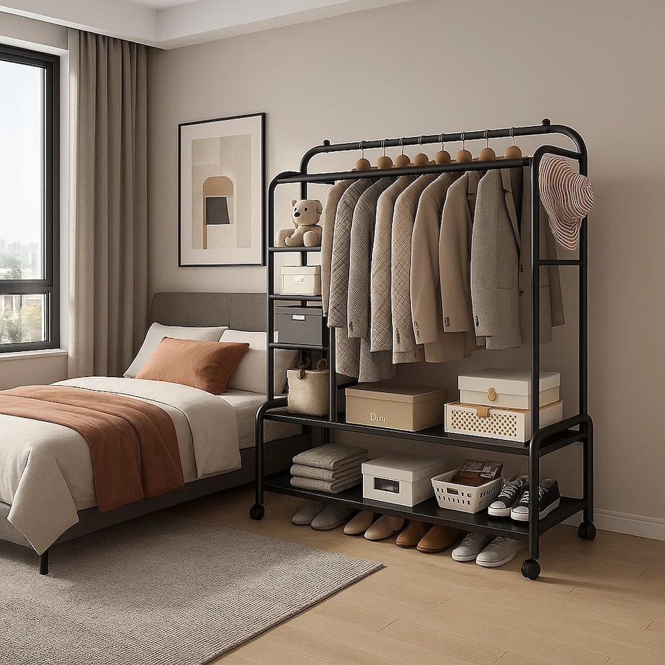 image 1 of Black Heavy Duty Double Clothes Rail with Wheels – Garment Hanging Rack & Storage Shelf