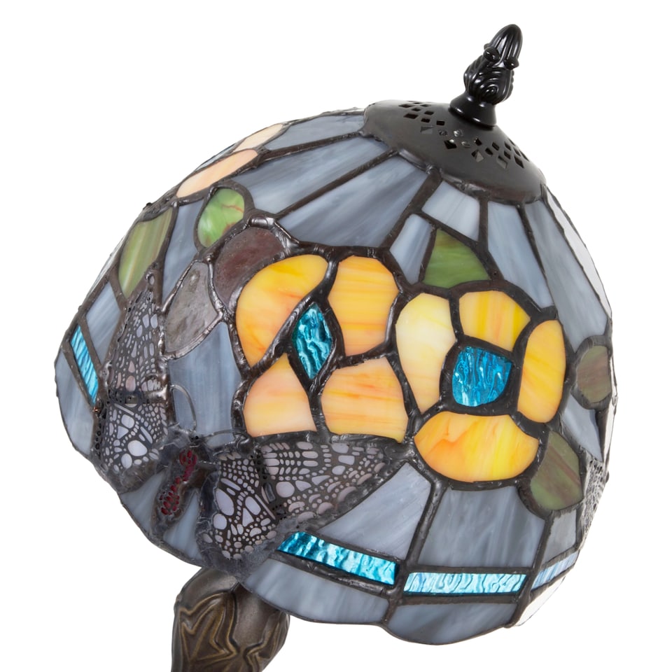 image 1 of Purple Stained Glass Butterfly Tiffany Lamp with Amber Roses and Sky Blue Strips | Purple