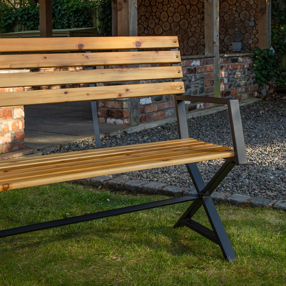 image 1 of Kendal 2 Person Outdoor Modern Cross Design Metal Wooden Garden Patio Bench