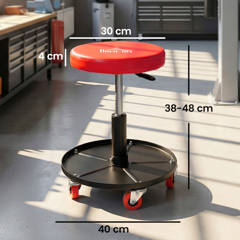 image 1 of HOMCOM Pneumatic Adjustable Mechanic Stool w/ Tool Tray, Wheels | Orange | Orange | Φ40 x 38-48H cm