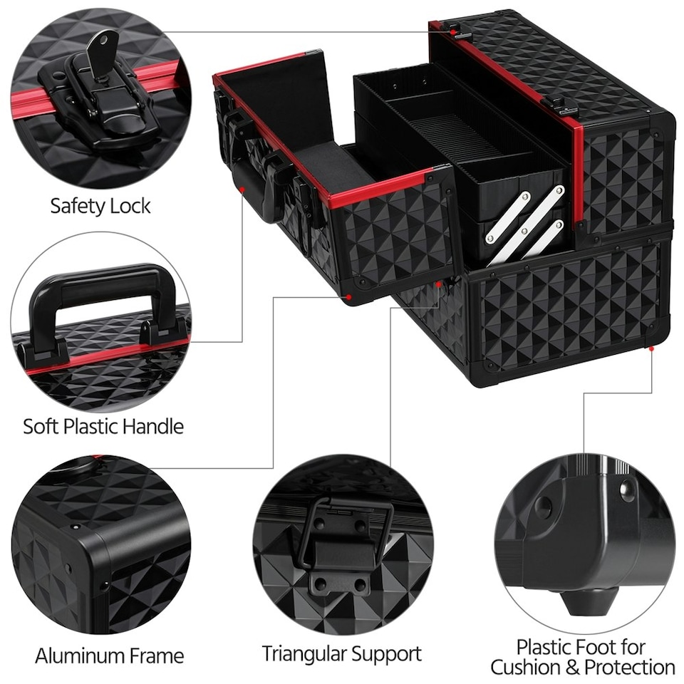 image 1 of Yaheetech Large Capacity Cosmetic Case with Adjustable Dividers | Black