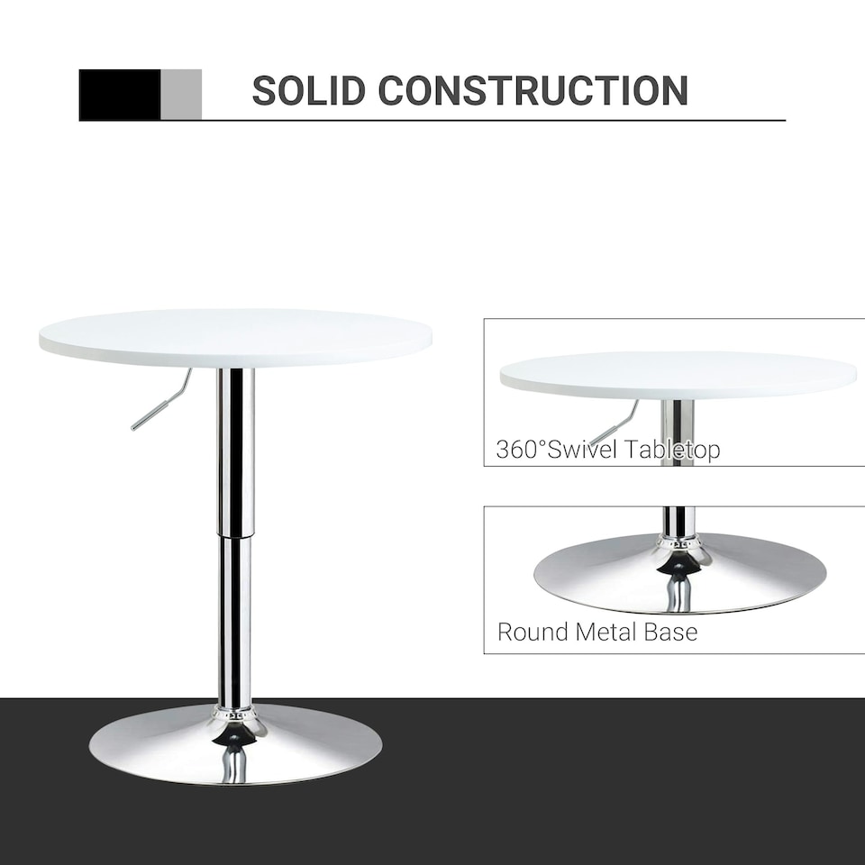 image 1 of HOMCOM Adjustable Height Round Bar Table with Swivel Top Metal White