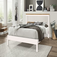 4ft6 Double White,Solid Wood Wooden Bed Frame Bedstead with Oak finish top rail