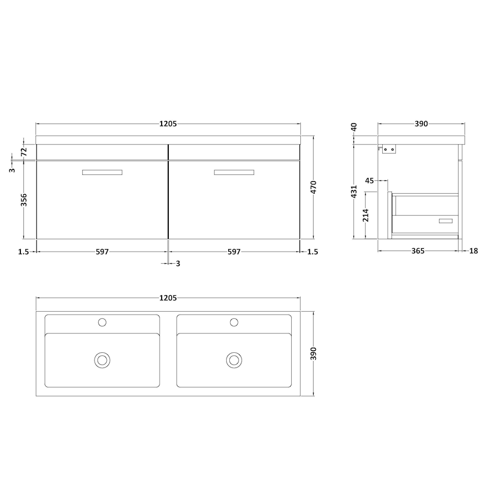 image 1 of Balterley Millwich Contemporary 2 Drawer Wall Hung Vanity Unit with Basin, Anthracite Woodgrain, 1200mm